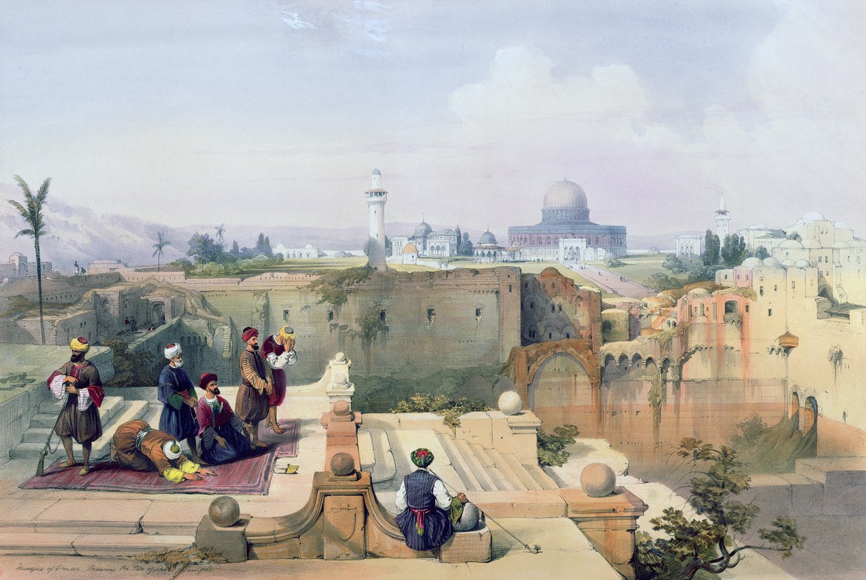 Omarova mešita s vyobrazením místa, kde se nacházel chrám, deska 8 ze svazku I knihy "Svatá země", kterou vyryl Louis Haghe (1806-85) a která byla vydána v roce 1842. od David Roberts