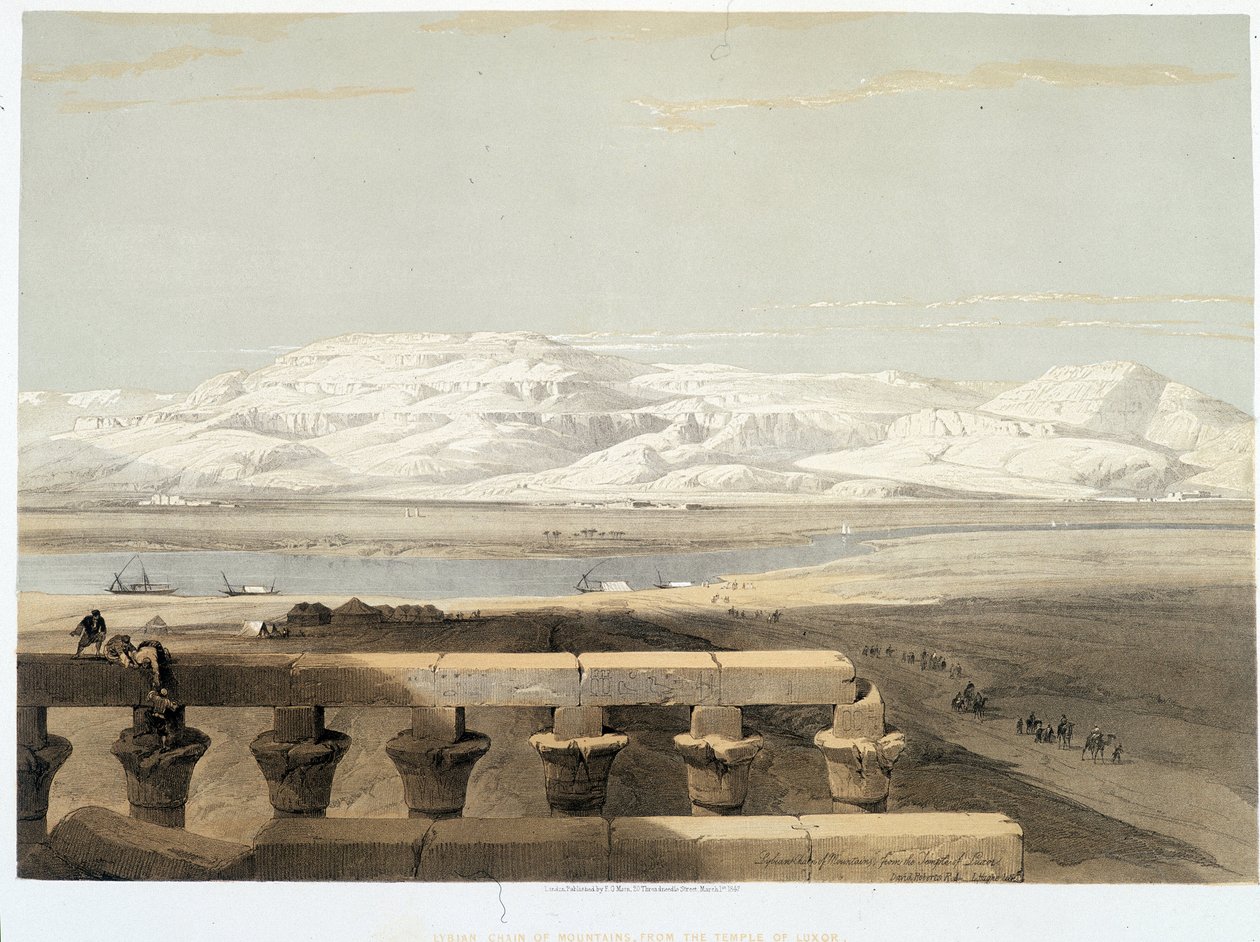 Hora v Libyi, při pohledu z chrámu v Luxoru v Egyptě. Kresba z roku 1838 ve „Svaté zemi“, Londýn 1849 od David Roberts
