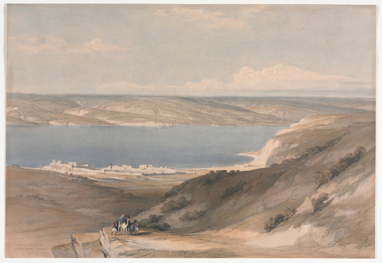 Galilejské jezero v Genezaretě při pohledu směrem k Bashanu, 1839. od David Roberts
