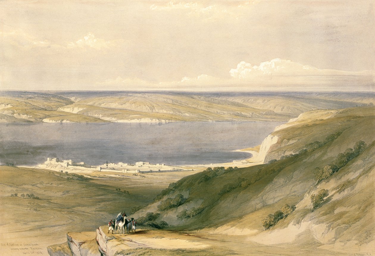 Galilejské jezero nebo Genezareth, dívat se k Bázan, 21.dubna 1839, deska 36 z Volume I ‚Svaté země‘, vyryl Louis Haghe (1806-85) hospodě. 1842 od David Roberts