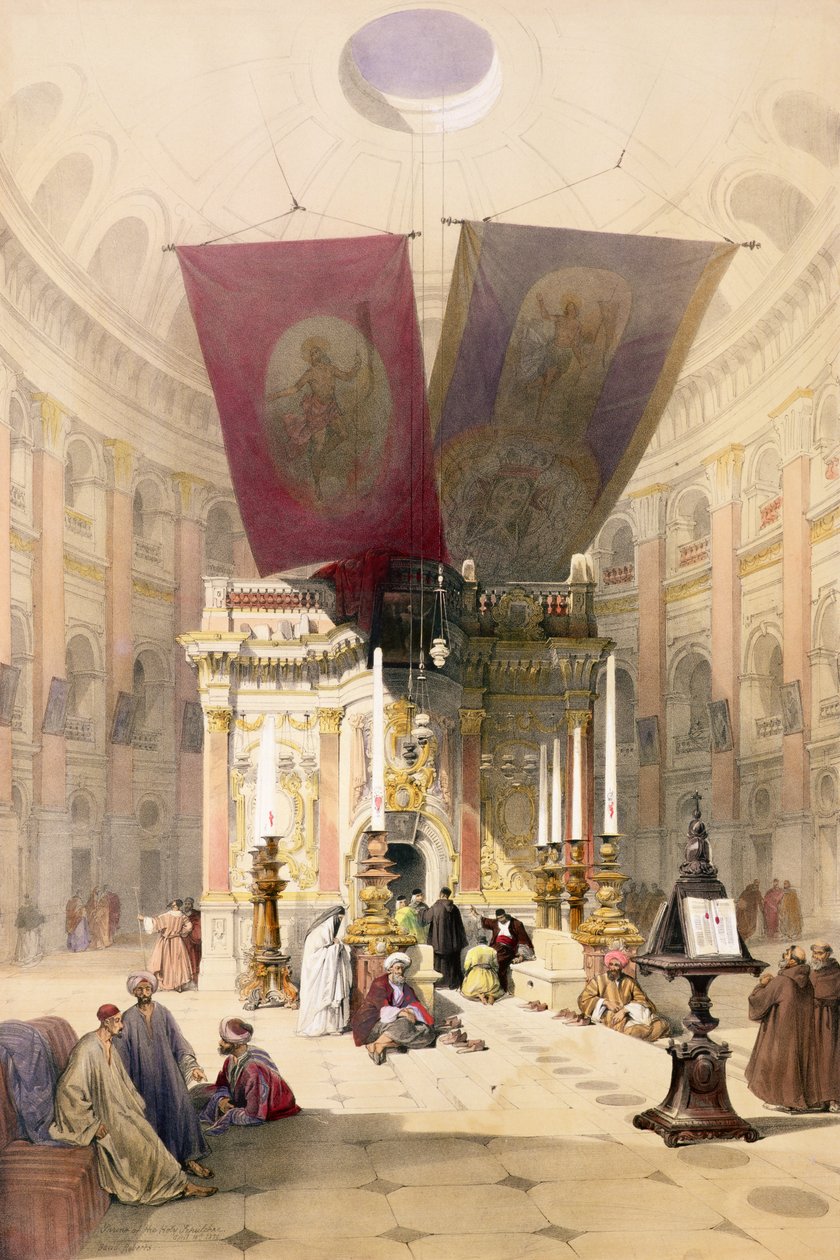 Svatyně Božího hrobu, 10. dubna 1839, deska 14 ze svazku I knihy „Svatá země“, vyryla hospodou Louis Haghe (1806-85). 1842 od David Roberts