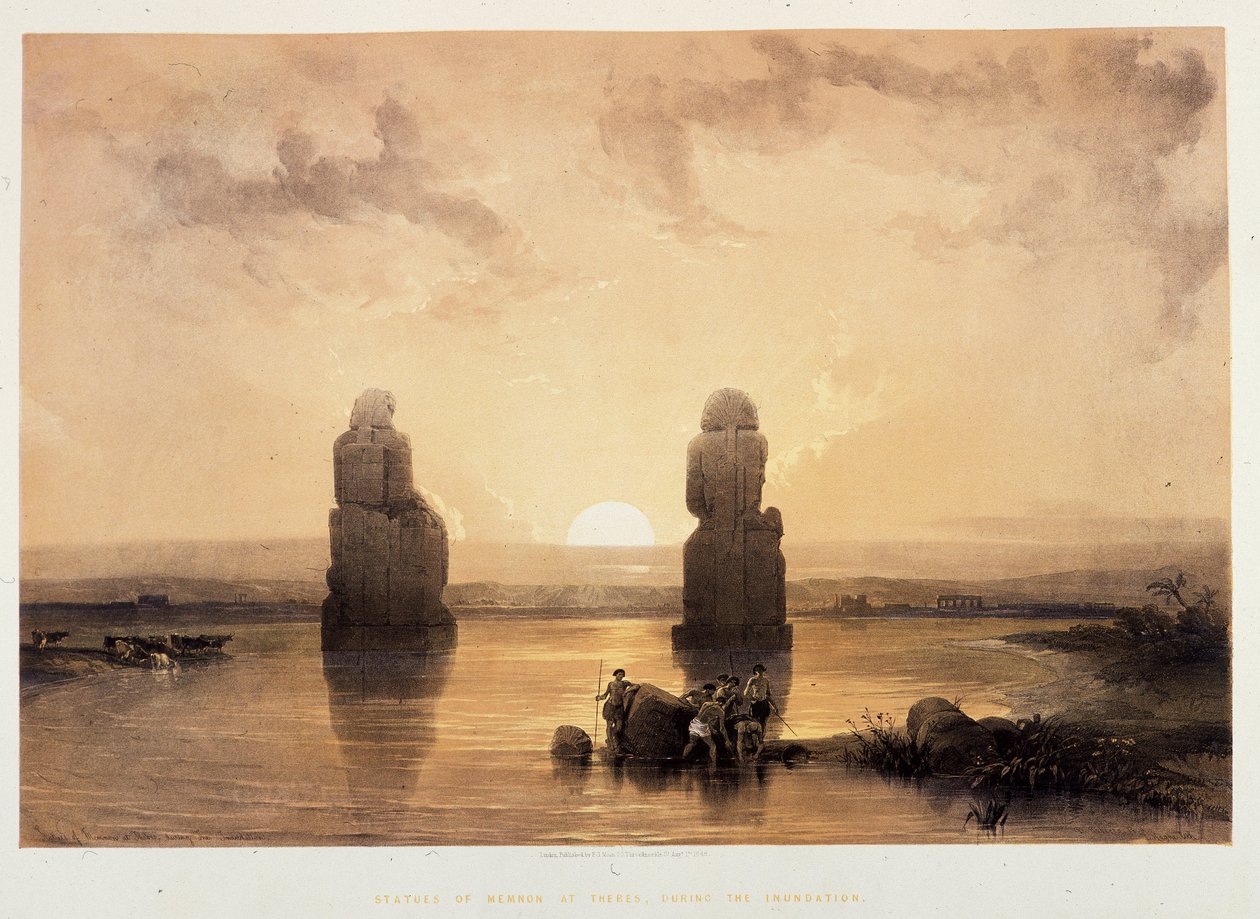 Sochy Memnona (Memnonovy kolosy) v Thébách, během potopy - ve „Svaté zemi“, Londýn 1849 od David Roberts