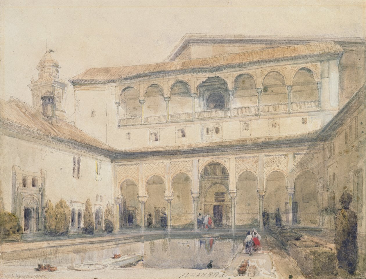 The Court of Myrtles, Alhambra (nebo Hall of Myrtles, Alhambra) 1833 (tužka a akvarel na papíře) od David Roberts
