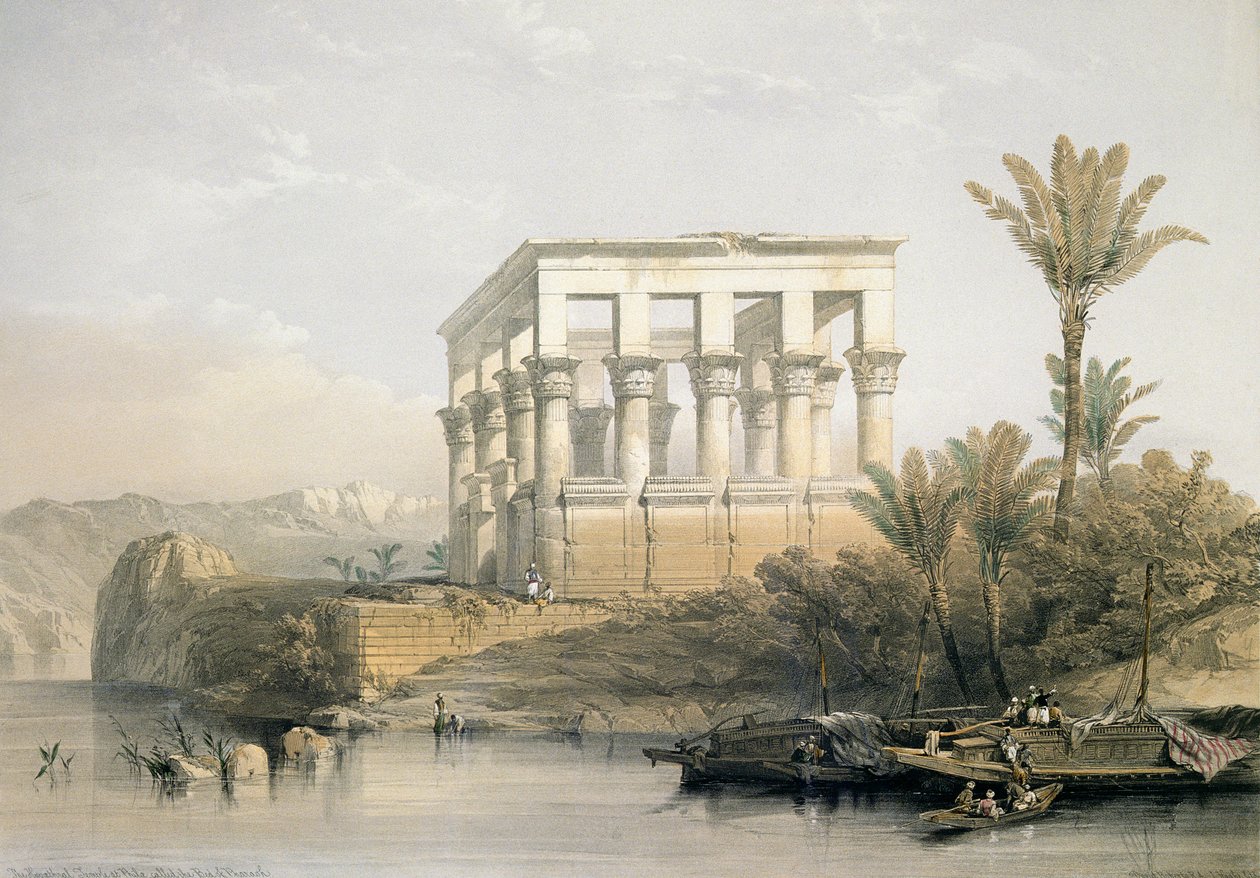 Chrám Hypaethral ve Philae, zvaný Faraonovo lože, vyryl Louis Haghe, vydáno v roce 1843. od David Roberts