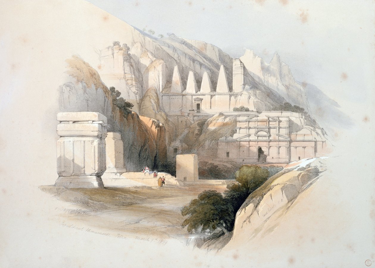 Nekropole, Petra, ze svazku III „Svatá země“, 1839 (ručně kolorované lito) od David Roberts