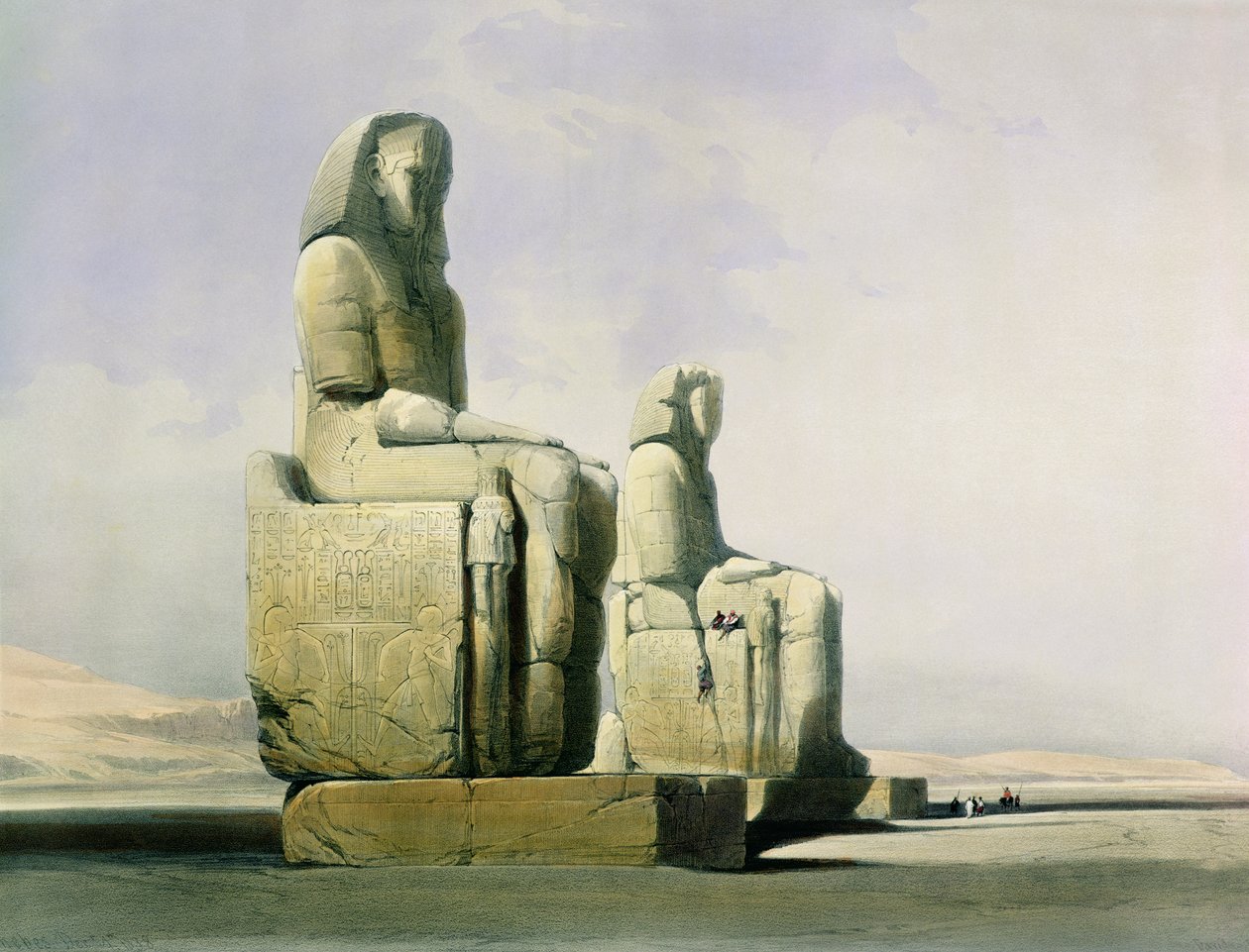 Théby, 4. prosince 1838, detail Memnonových kolosů, deska 12 ze svazku I Egypta a Núbie, vyryl Louis Haghe 1806-85 pub. 1846 litho detail 67033 od David Roberts