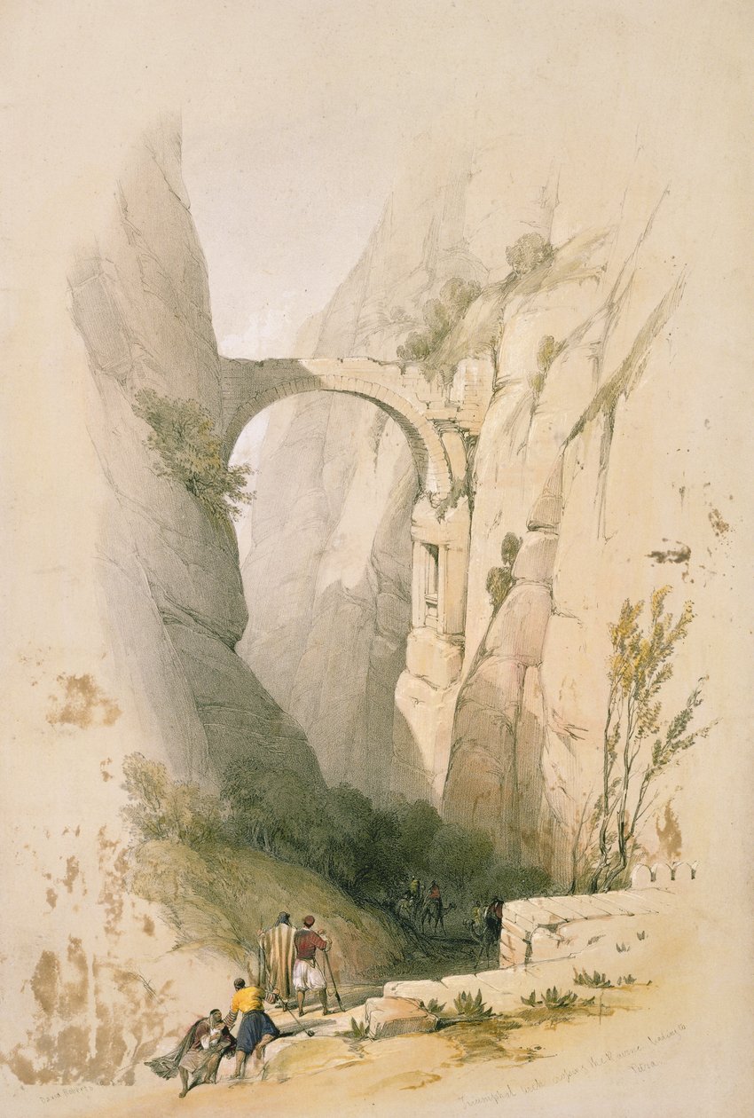Vítězný oblouk protínající rokli vedoucí do Petry, deska 95 ze svazku III „Svaté země“, vyrytý hospodou Louis Haghe (1806–85). 1849 od David Roberts