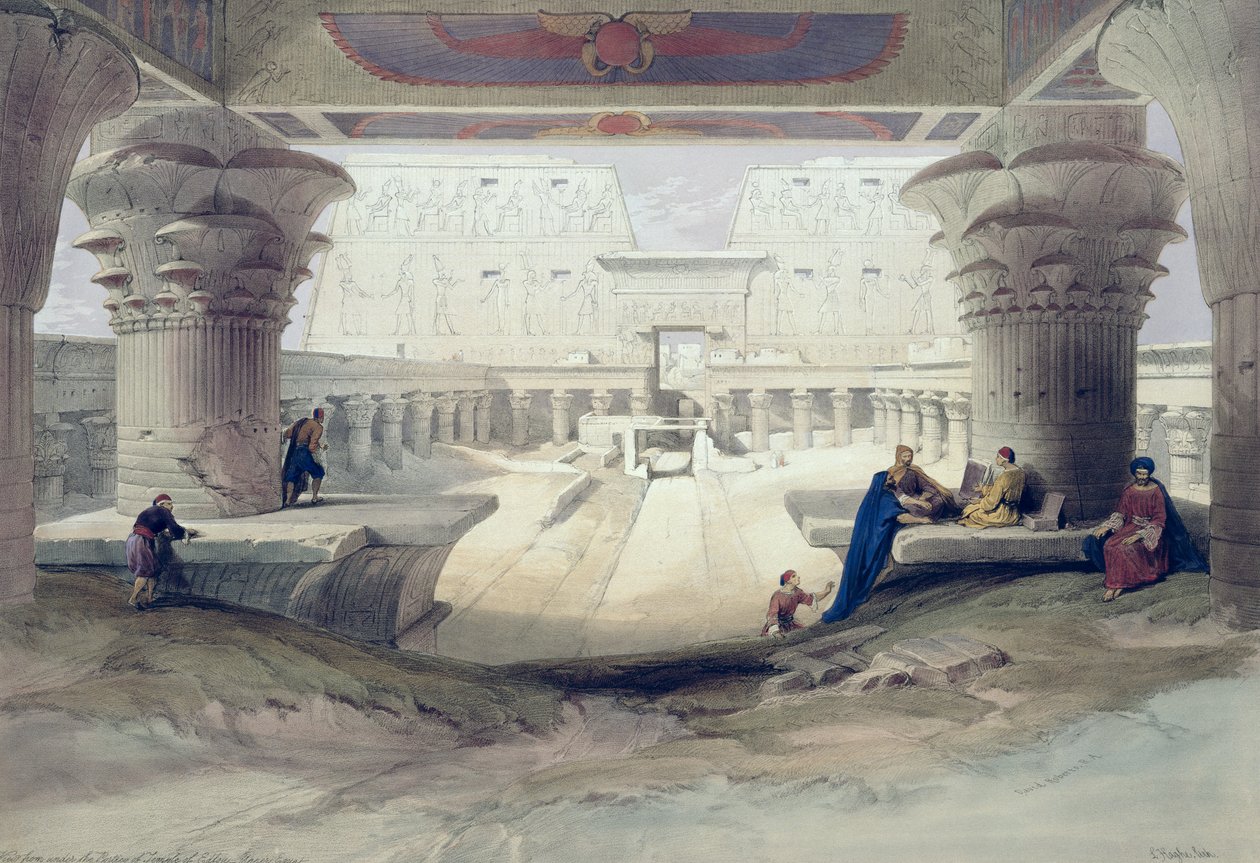 Pohled zpod sloupořadí chrámu v Edfou, Horní Egypt, deska 32 ze svazku I Egypta a Núbie, vyrytý hospodou Louisem Haghem (1806-85). 1846 od David Roberts
