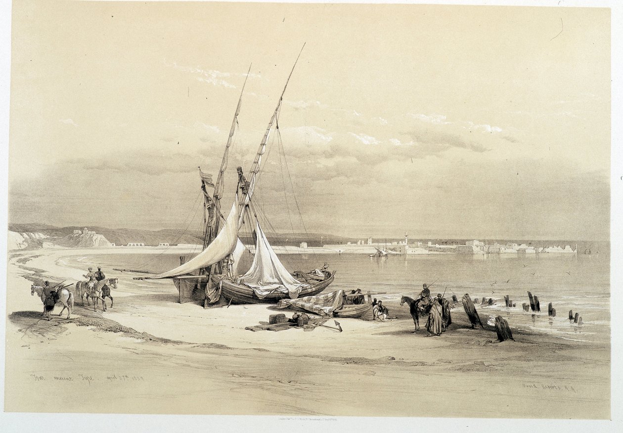 Pohled na město Tyre (Tyre) v Libanonu, kresba vytvořená 27. 4. 1839 v „“Svaté zemi“, Londýn 1849 od David Roberts