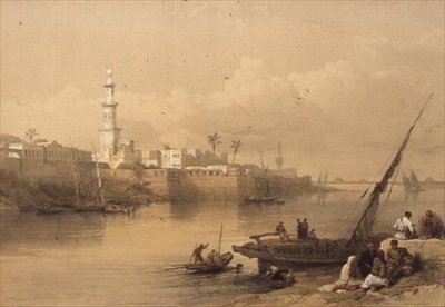 Pohled na Nil, trajekt do Gízy, z "Egypt a Nubie", Vol.3 (litho) od David Roberts