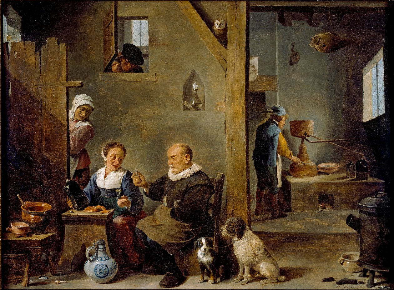 Palírna se starším mužem kupujícím gin od ženy, c1640-1649 od David Teniers II
