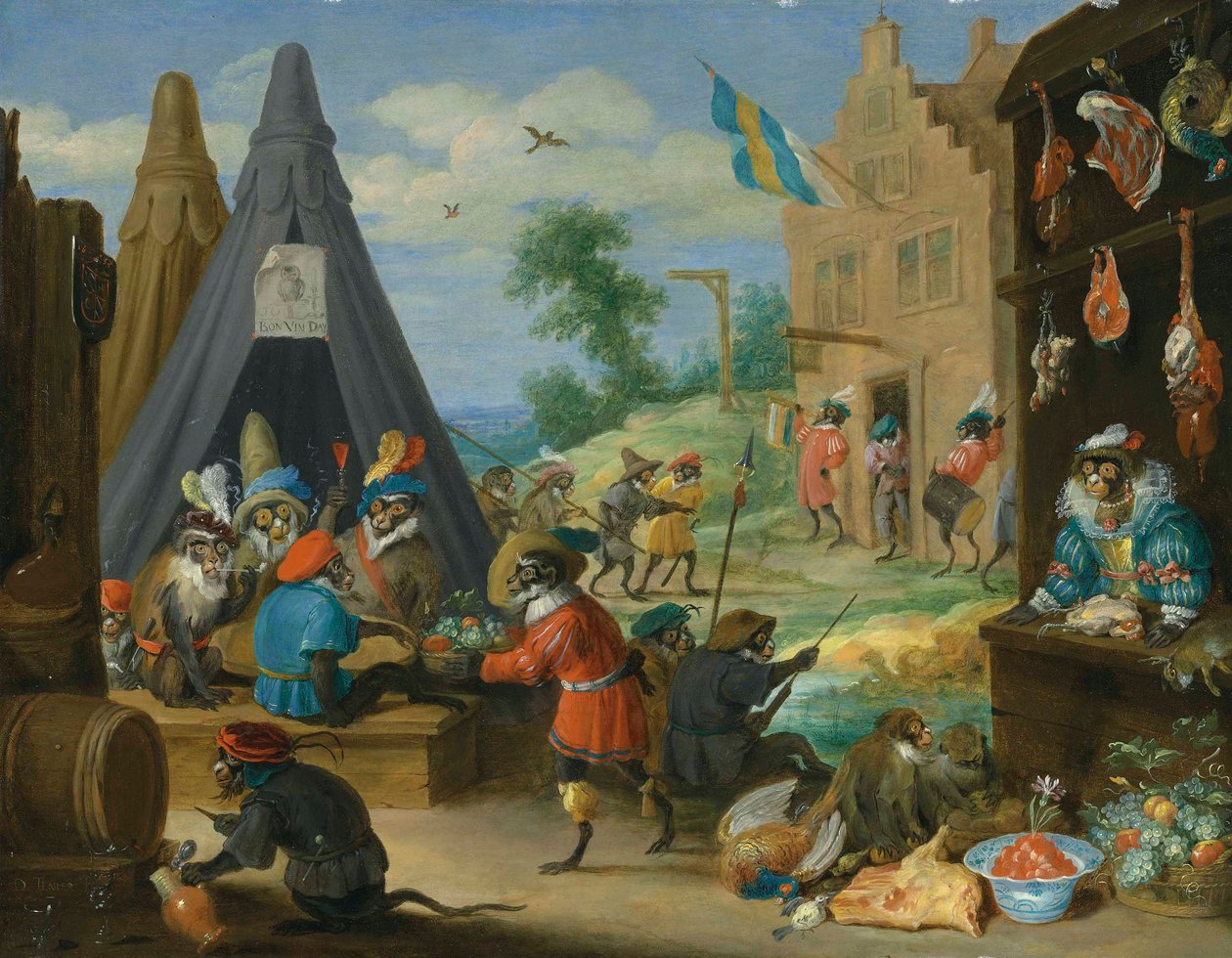 Festival opic (opice převlečené za vojáky v táboře poblíž města) od David Teniers the Younger