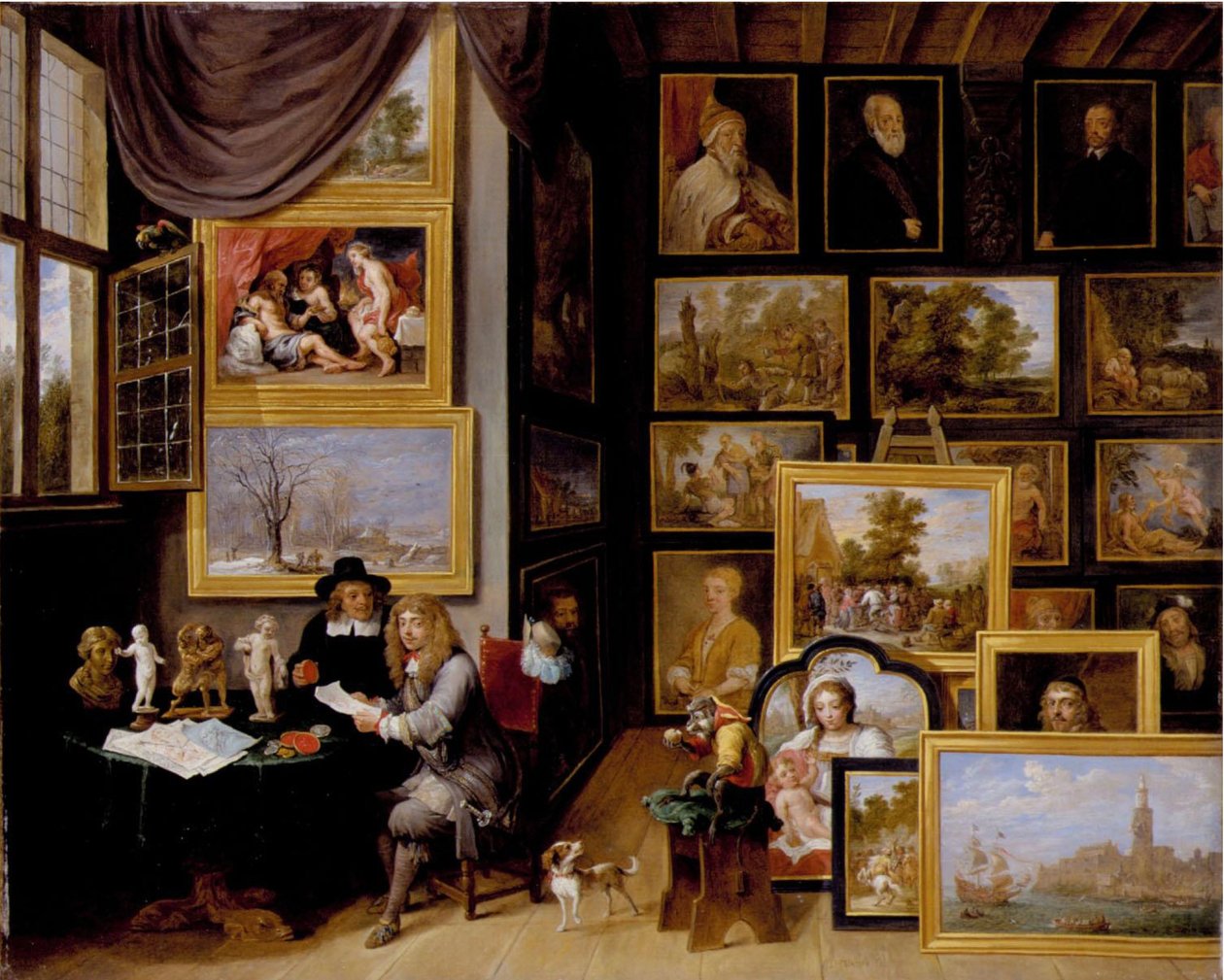 Obrazová galerie se dvěma muži, kteří zkoumají pečeť a kresbu červenou křídou, a s opičkou. od David Teniers the Younger