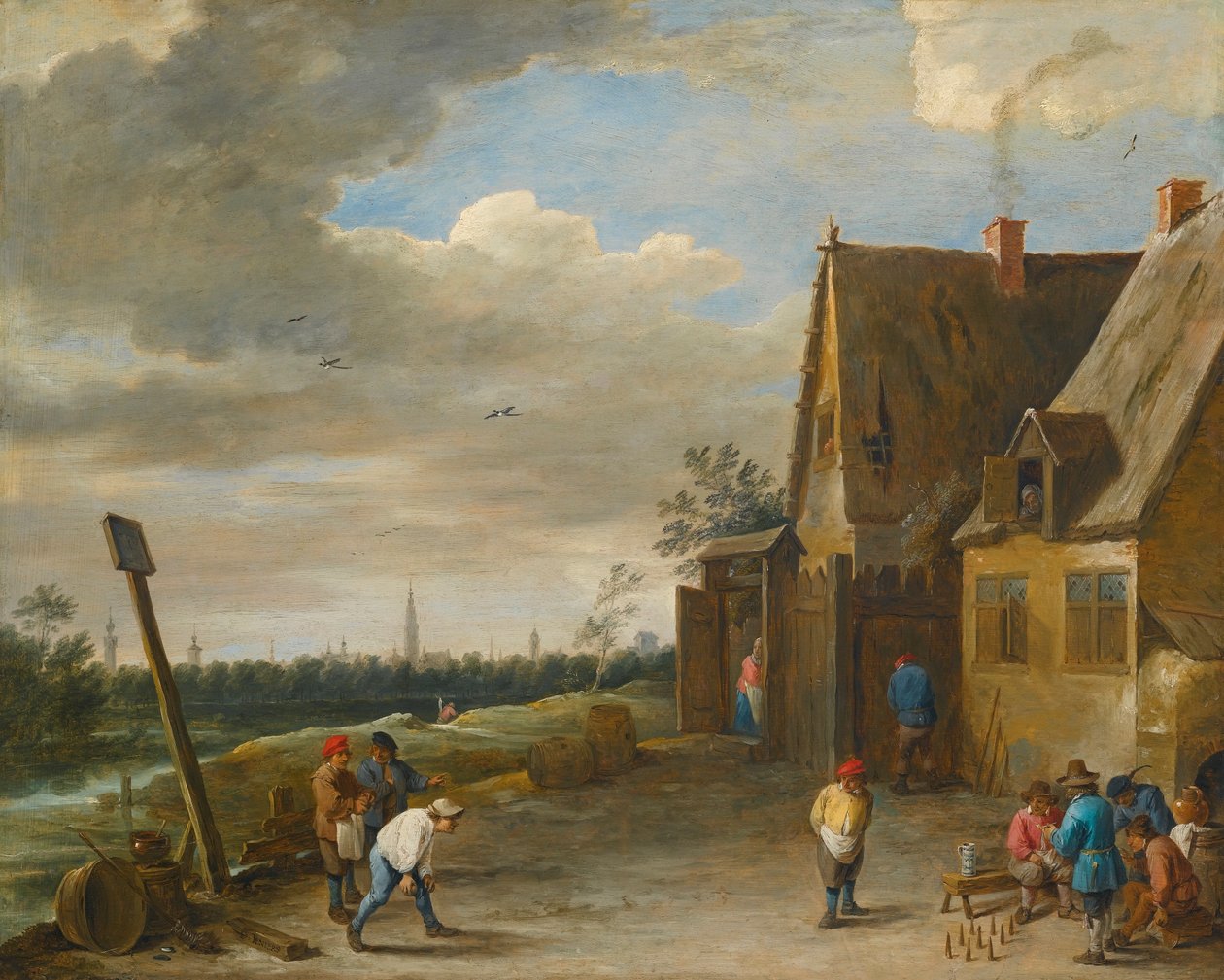 Hra na devět kuželek s výhledem na Antverpy od David Teniers the Younger
