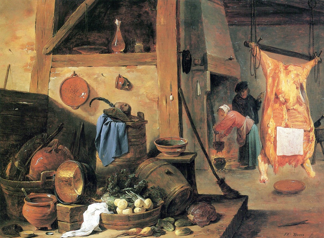 Interiér kuchyně se zátiším a poraženým volem od David Teniers the Younger