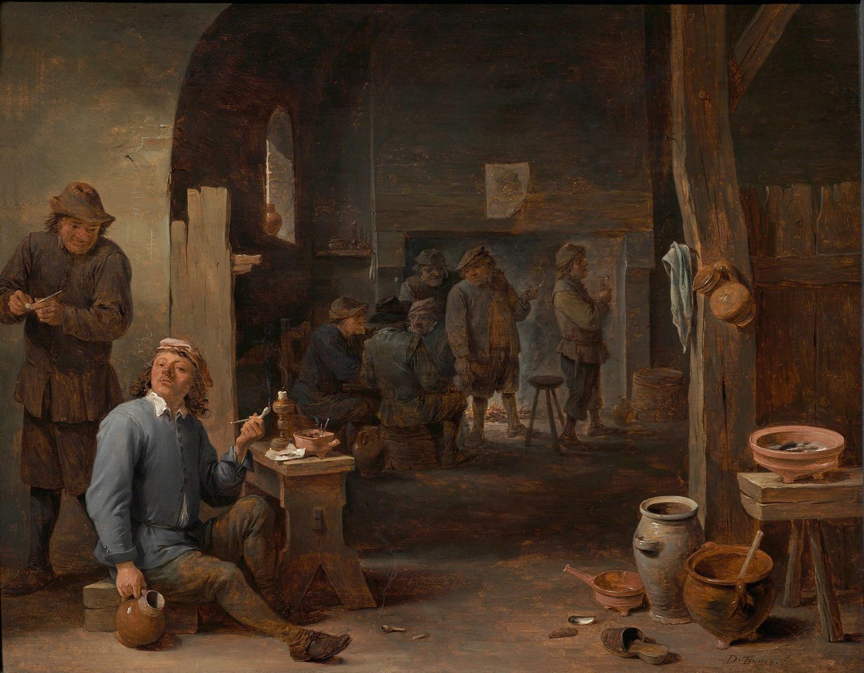Interiér hostince s rolníky, kteří kouří u stolu a rozmlouvají před ohněm od David Teniers the Younger