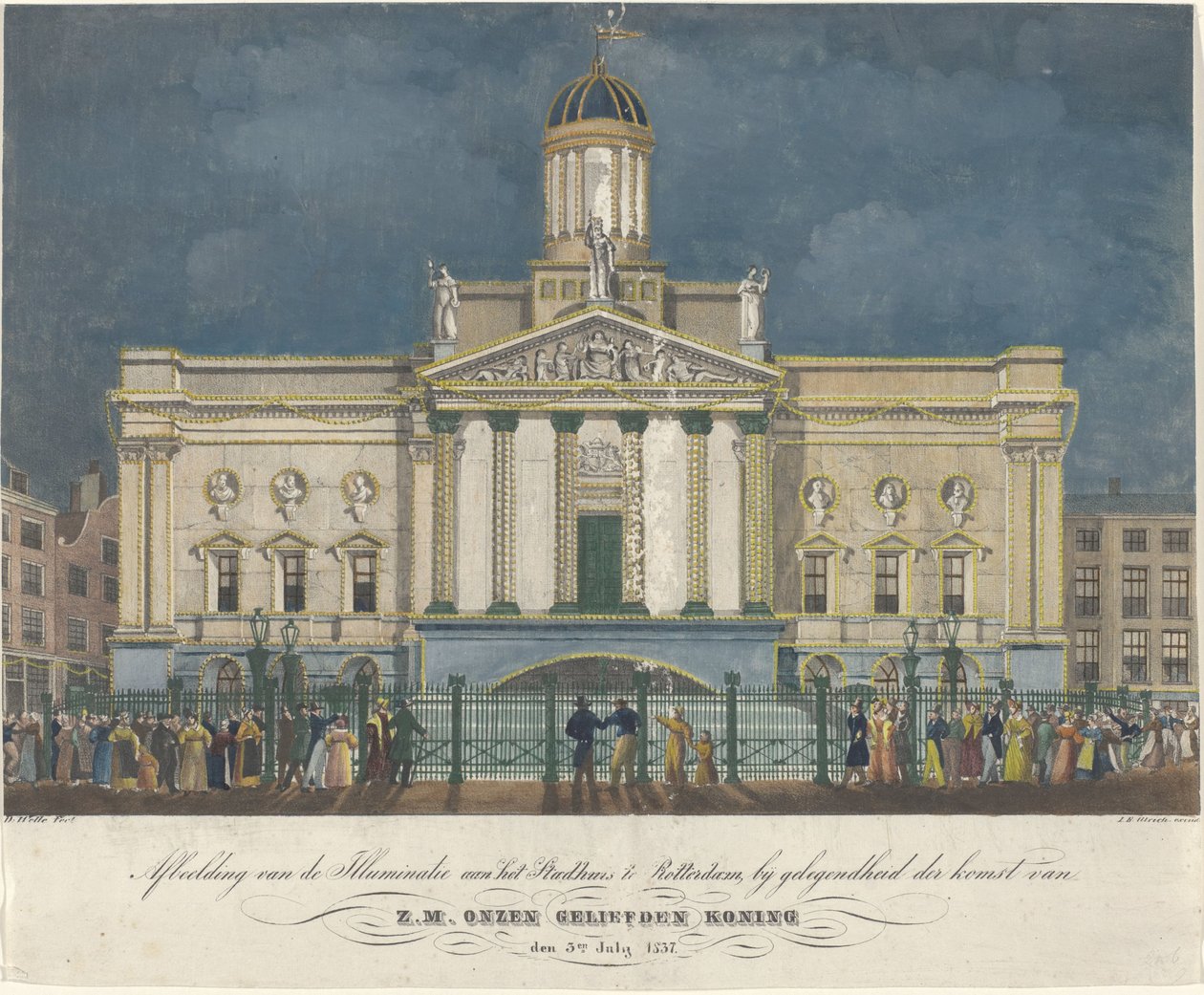 Obrázek Iluminátů z radnice v Rotterdamu, u příležitosti příjezdu H. M. našeho milovaného krále 3. července 1837 (název na předmětu) od David Welle
