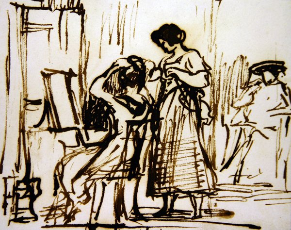 Interiér se ženou, která si obléká vlasy (inkoust na papíře) od David Wilkie