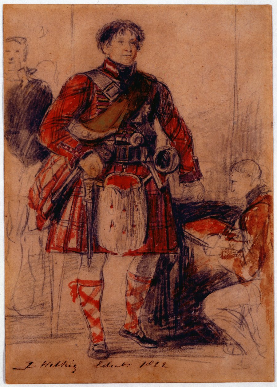 George IV v Highland Dress v paláci Holyrood, 1822 (křída a wc na papíře) od David Wilkie