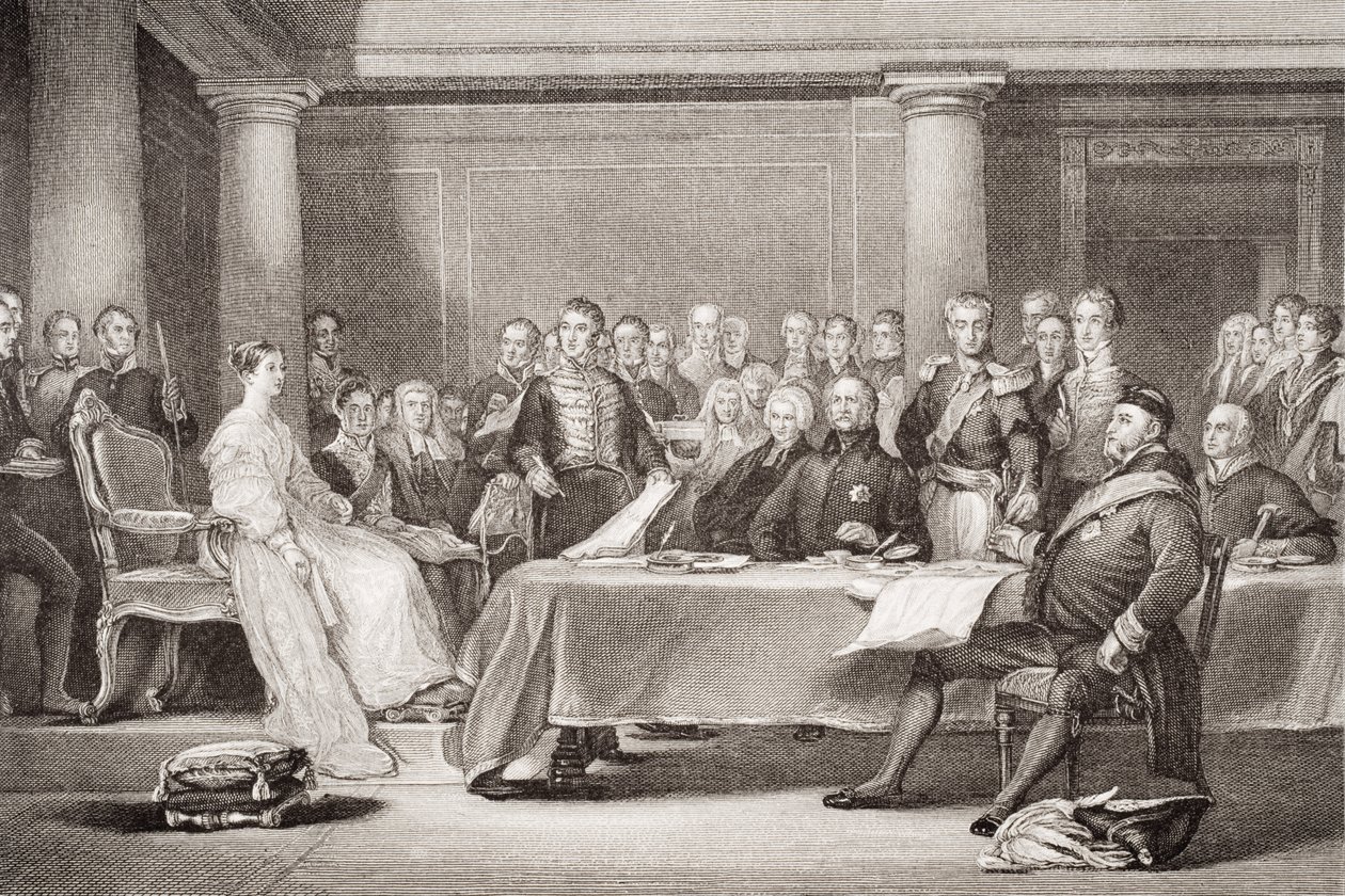 První rada královny Viktorie, Kensingtonský palác, 21. června 1837, z „Ilustrace anglické a skotské historie“ svazek II od David Wilkie