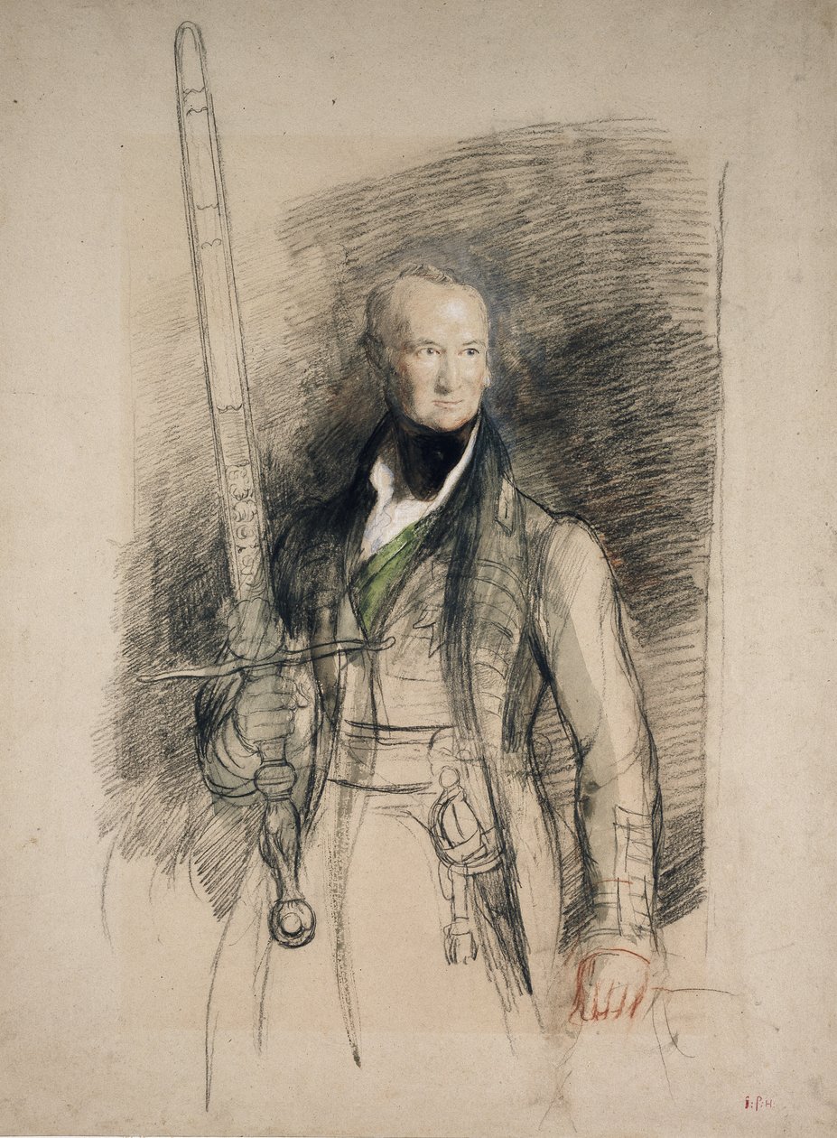 Hrabě z Mortonu nesoucí meč státu, 1824 (černá a červená křída s wc a tělovou barvou na našedlém papíře) od David Wilkie