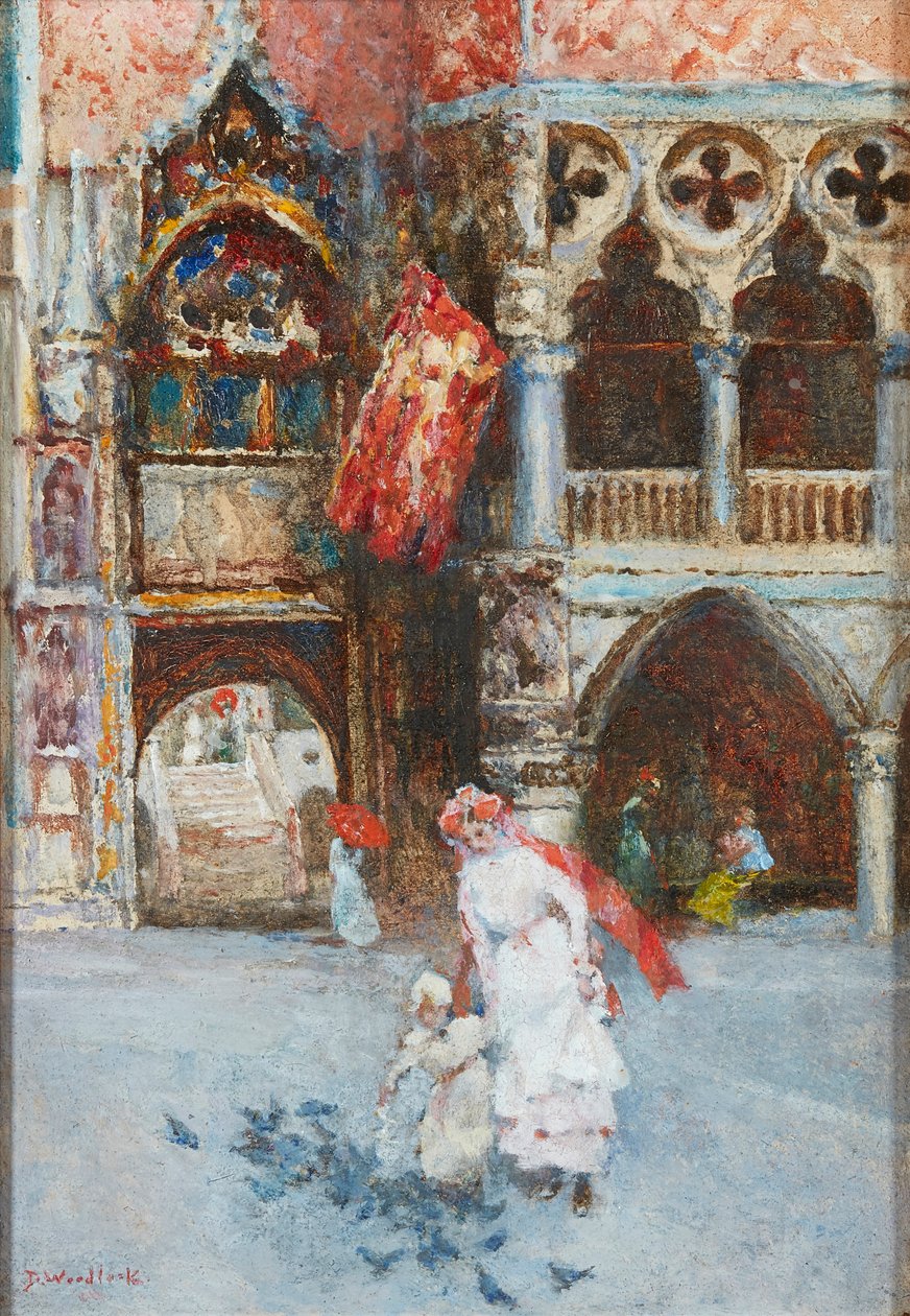 Krmení holubů, Náměstí sv. Marka, Benátky (olej na kartonu) od David Woodlock