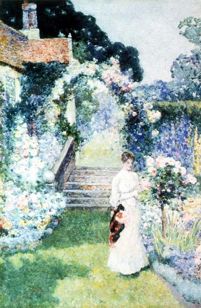 Péče o růže v zahradě Cheshire (akvarel) od David Woodlock