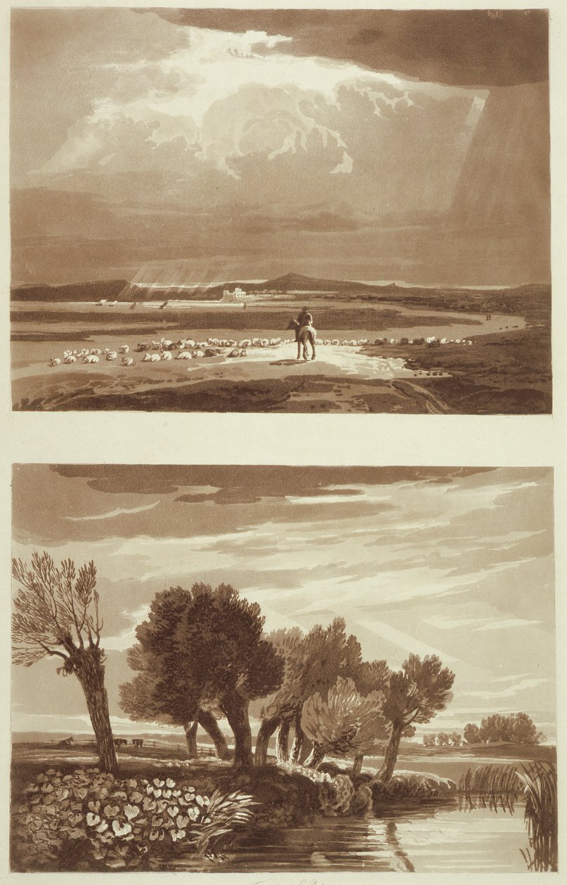 Efekt po bouři... a přechodný efekt, Pohled v Battersea Marsh, ilustrace z Pojednání o krajině a efektu ve vodních barvách, 1841 (akvatinta) od David after Cox