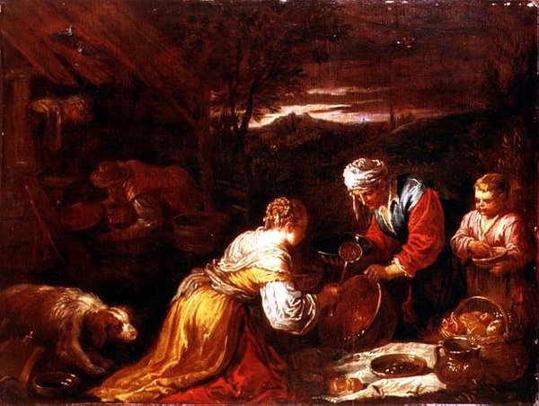 Rolníci připravující jídlo před chalupou, rozlehlá krajina za ní od David the Younger (attr. to) Teniers