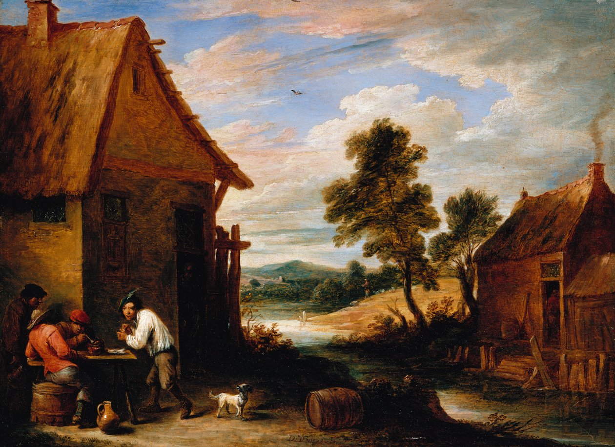 Říční krajina s rolníky mimo hospodu od David Teniers the Younger