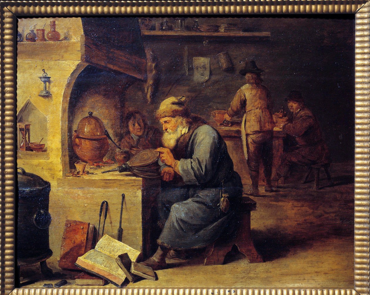 Alchymista. Obraz Davida Tenierse II zvaný David Le Jeune (1610 - 1690), Ec. Plamen od David Teniers the Younger