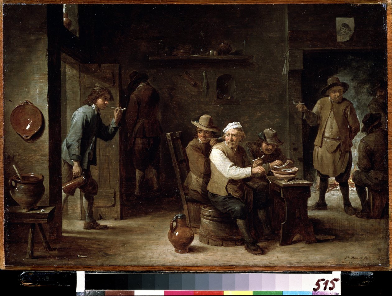 V Taverně. Obraz Davida Teniera mladšího (1610-1690). Olej na dřevě, 36,2 x 52,6 cm, kolem 1640. Vlámská škola, barokní umění. Puškinovo muzeum výtvarných umění, Moskva. od David Teniers the Younger