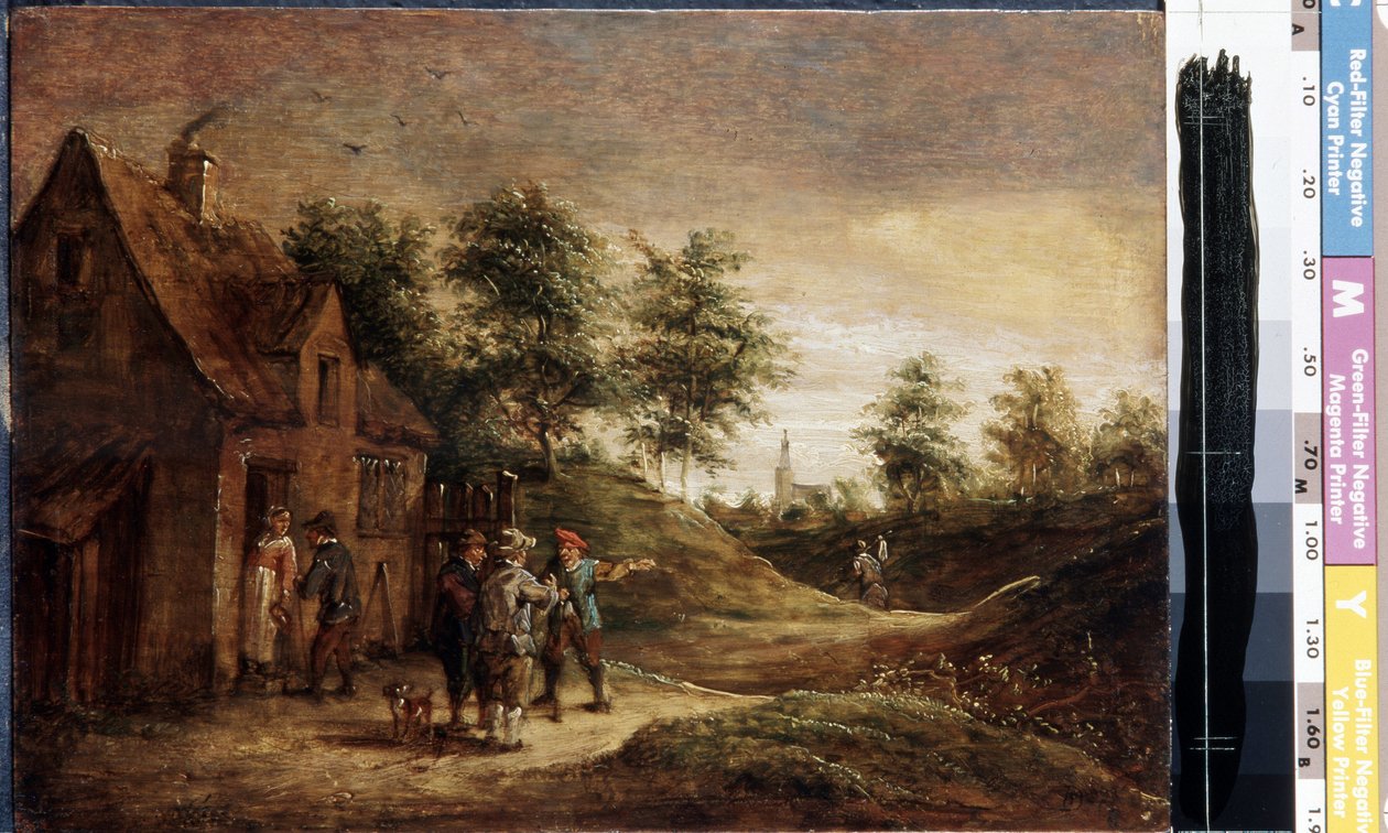 Před tavernou (Before the Tavern). Obraz Davida Tenierse mladšího (1610-1690). Olej na dřevě od David Teniers the Younger