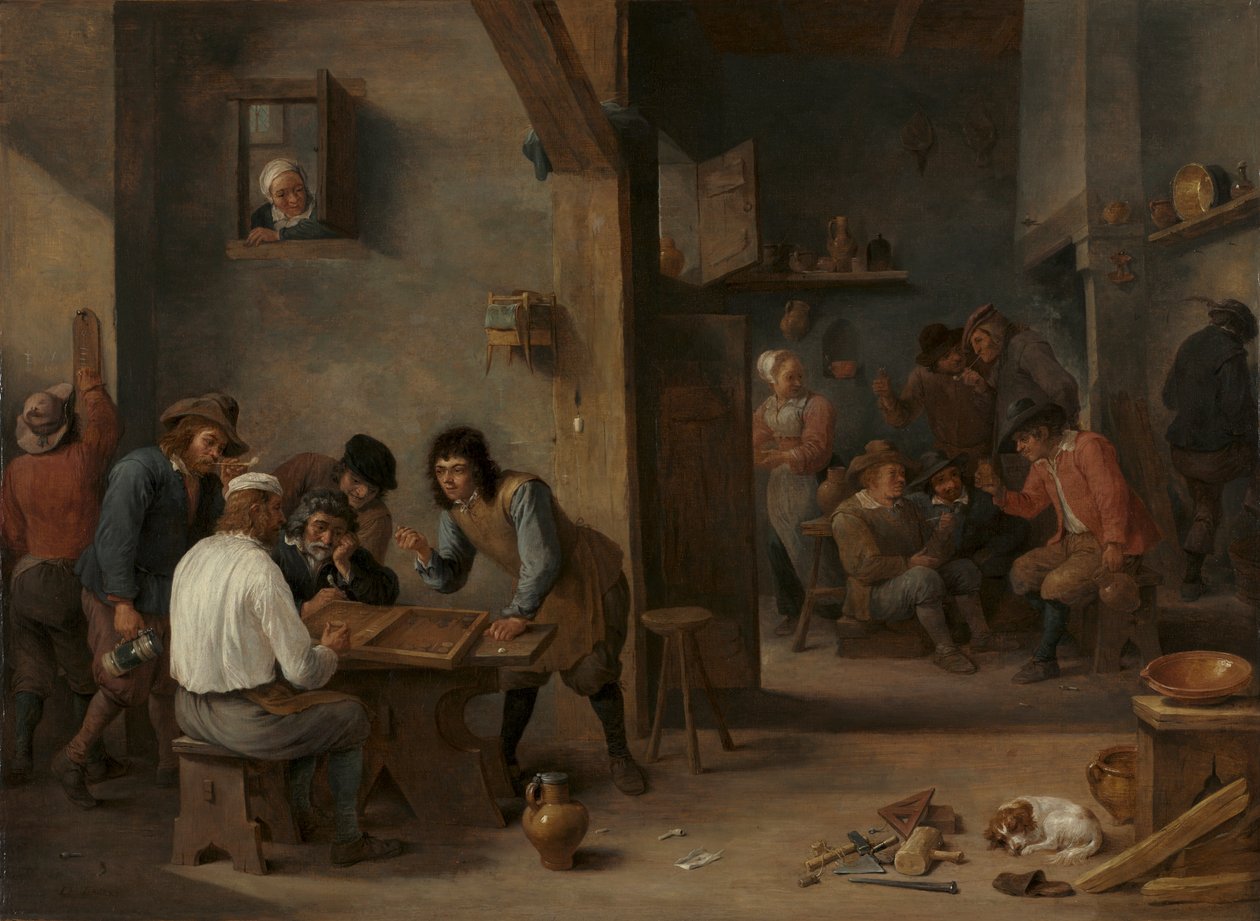 Game of Backgammon, cca 1640 (olej na dřevě, přeneseno na plátno) od David Teniers the Younger