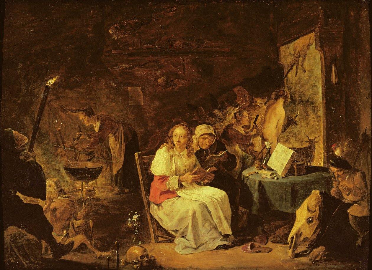 Zaklínací scéna (olej na mědi upevněná na masonitu) od David Teniers the Younger