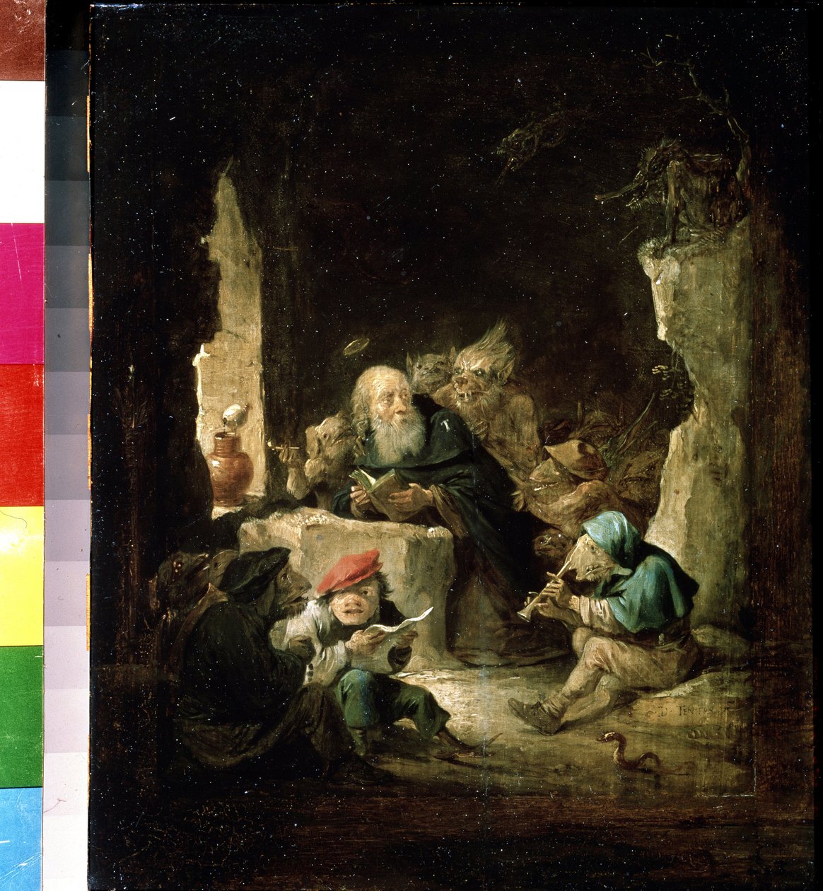 Pokušení svatého Antonína. Obraz Davida Tenierse mladšího (1610-1690). Olej na dřevě, 24,6 x 20,3 cm, kolem 1640. Vlámské umění, barokní umění. Puškinovo muzeum výtvarných umění, Moskva. od David Teniers the Younger