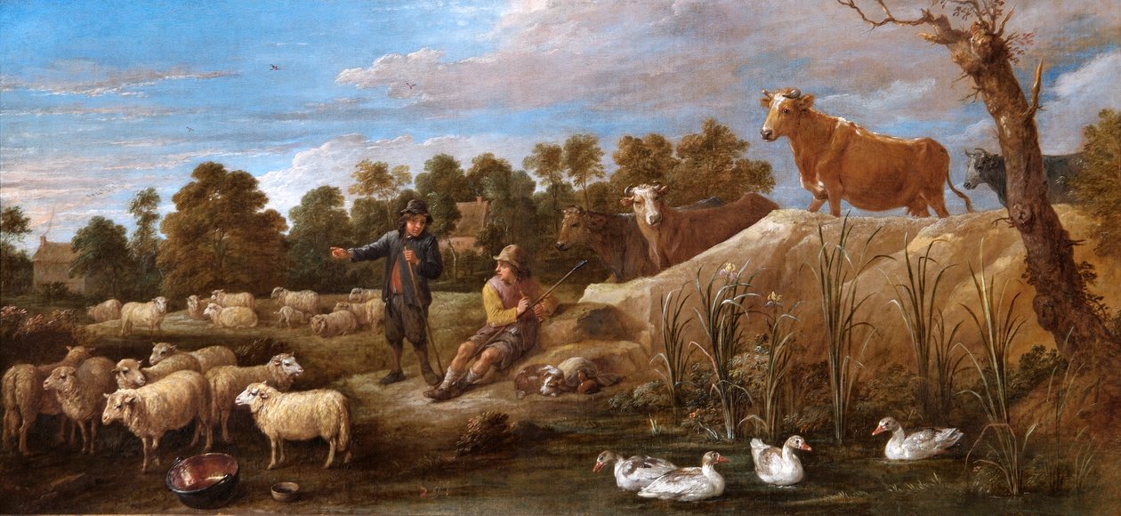 Krajina se dvěma pastýři, dobytkem a kachnami (olej na plátně) od David Teniers the Younger