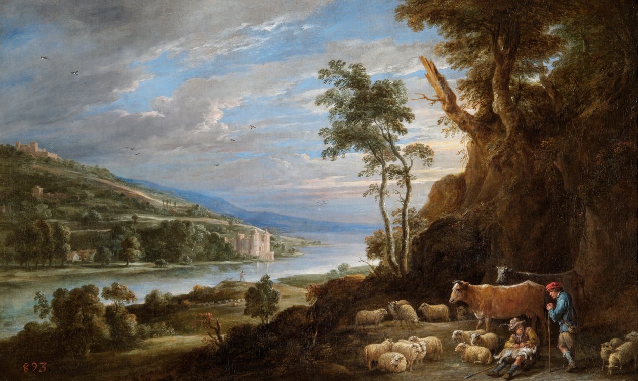 Maisema paimenten kanssa ja kaukainen näkymä linnaan (öljy kankaalle) od David Teniers the Younger