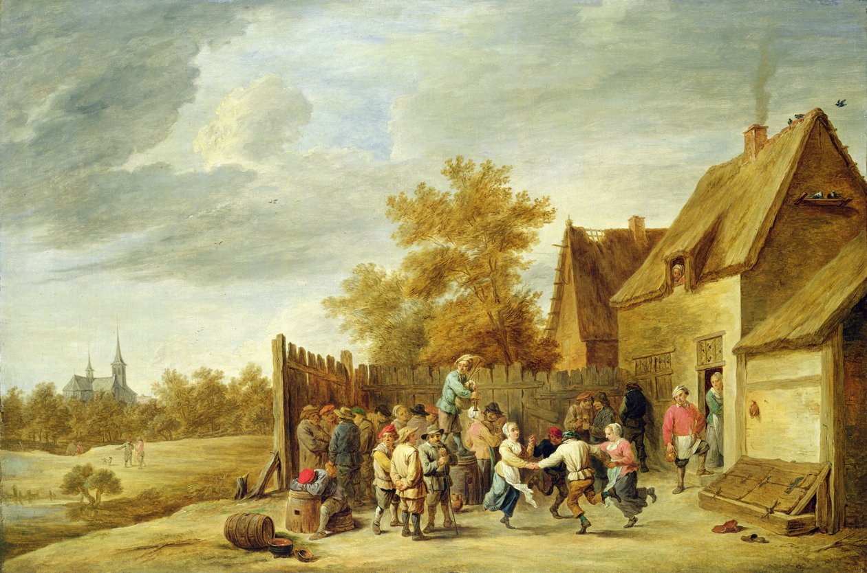 Rolníci tančí mimo hostinec (olej na plátně) od David Teniers the Younger