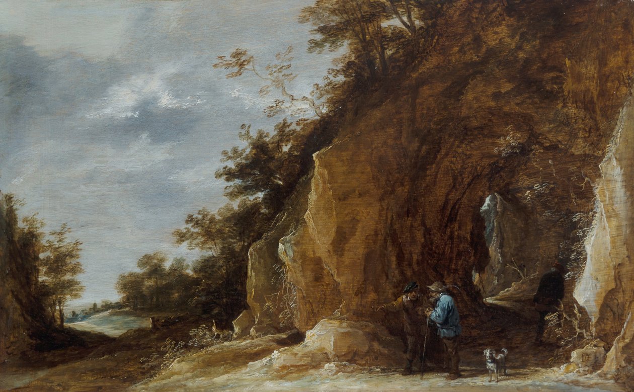 Talonpojat lepäävät polulla kallioisessa metsämaisemassa od David Teniers the Younger