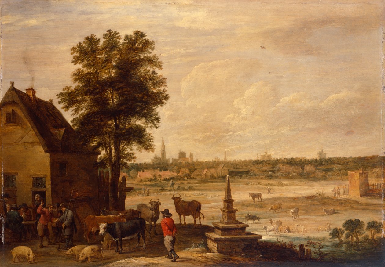 Rolníci uzavírají dohodu o prodeji prasete na hranici města Antverpy (olej na panelu) od David Teniers the Younger