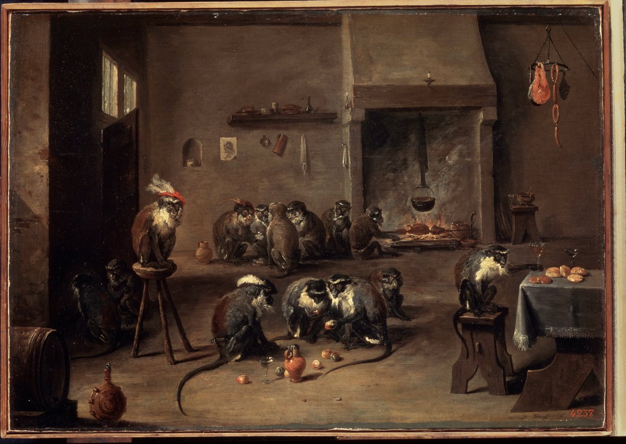 Opice v kuchyni. Obraz Davida Tenierse mladšího (1610-1690). Olej na plátně, 36 x 50,5 cm, kolem roku 1640. Vlámské umění, barokní umění. Muzeum Ermitáž, Petrohrad. od David Teniers the Younger