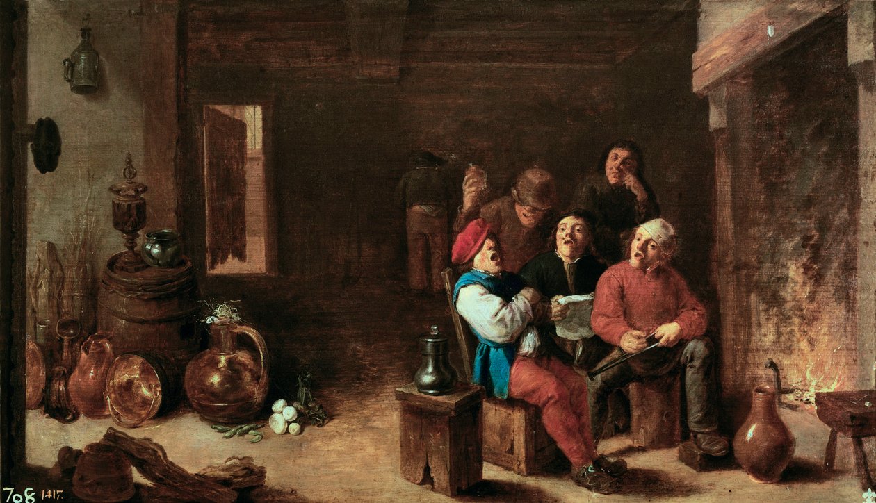 Zpívání v kuchyni. Obraz Davida Tenierse II. mladého (1610-1690). Olej na dřevě, kolem roku 1633, vlámské umění. Muzeum Prado, Madrid. od David Teniers the Younger