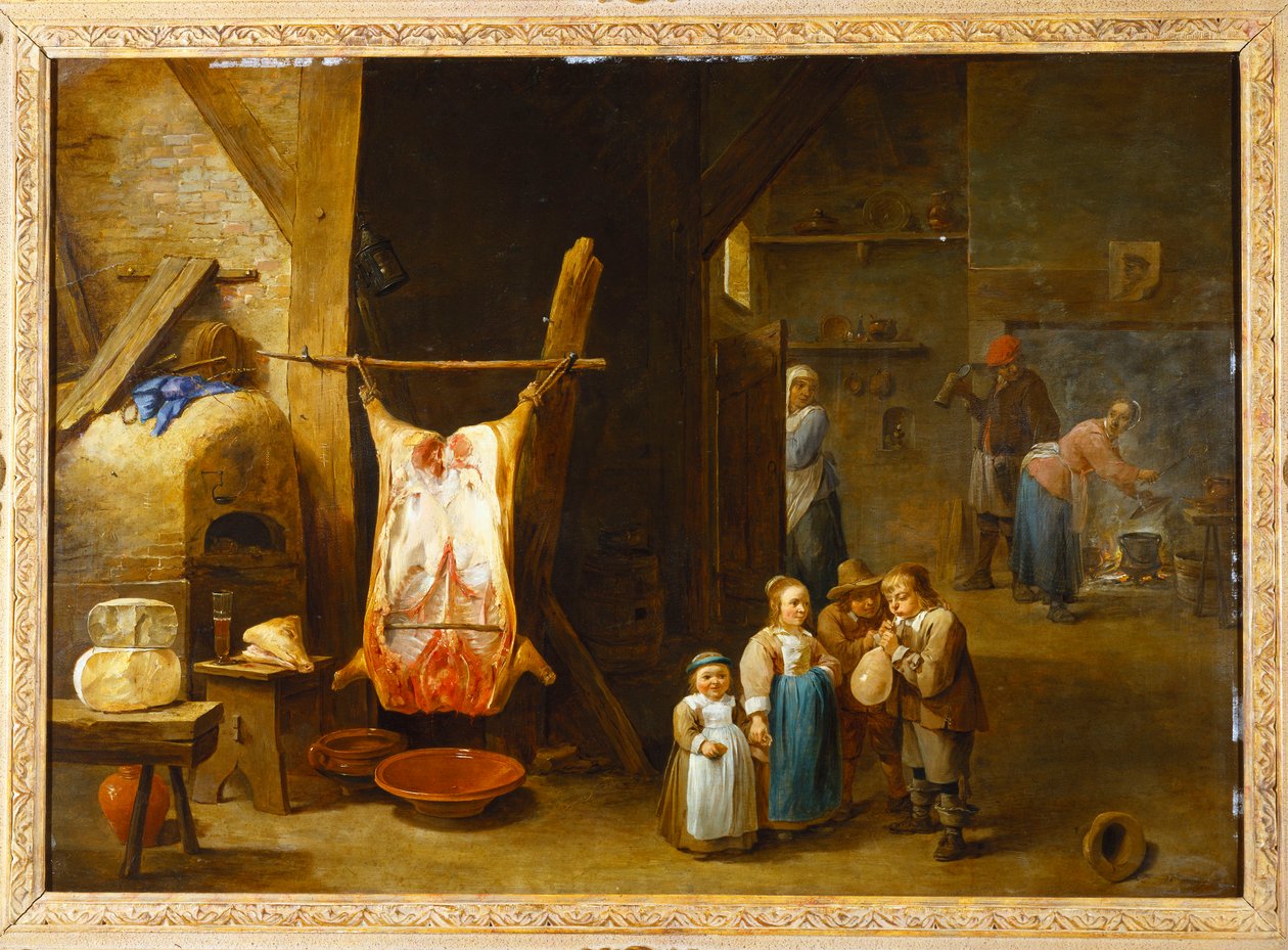 Interiér selské chalupy s mršinou prasete a chlapcem, který nafoukl močový měchýř, 1646 od David Teniers the Younger