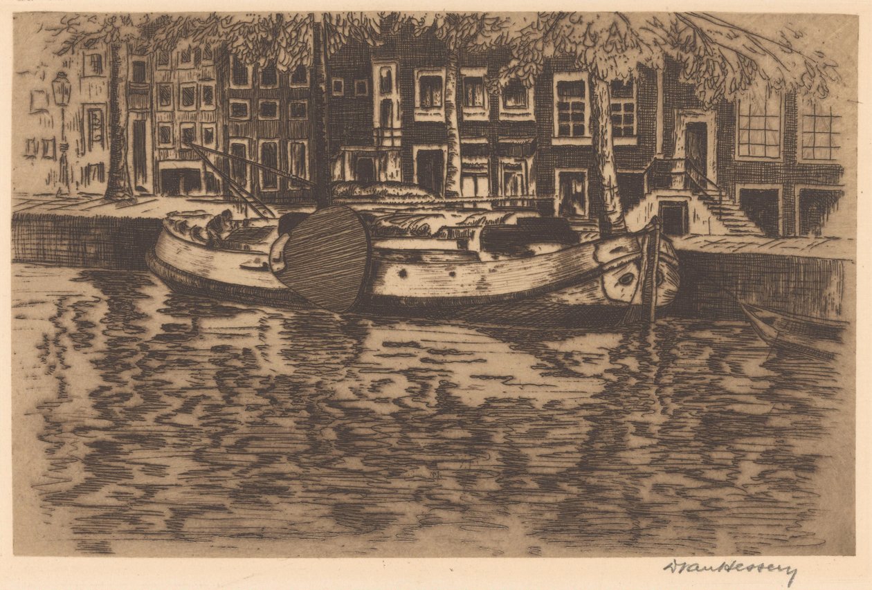 Kanál s kotvící plachetnicí od David van Hessen (signed by artist)