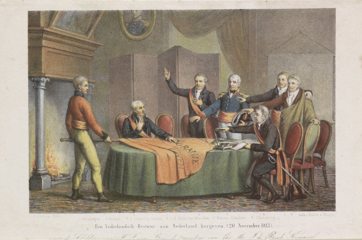 Přijetí nejvyšší vlády triumvirátem jménem prince Oranžského, 21. listopadu 1813 Obnovit nizozemskou vládu v Nizozemsku. (20. listopadu 1813) (název na objektu) od David van der Kellen