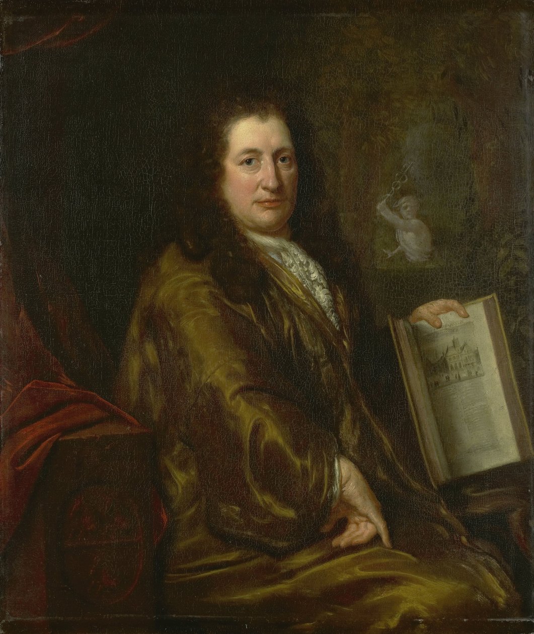 Portrét Caspara Commelina, knihkupce, vydavatele novin a autora oficiální historie Amsterdamu „Beschrijvinghe van Amsterdam“ z roku 1693 od David van der Plas