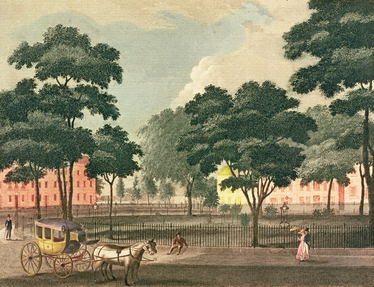 Pohled na Bowling-Green, Broadway, kreslený a rytý pro New York Mirror, 1830 (barevná rytina) od Davis