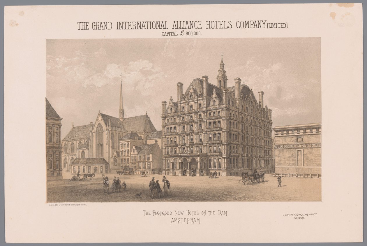 Design pro navrhovaný hotel na náměstí Dam v Amsterdamu Navrhovaný nový hotel na přehradě Amsterdam (název na objektu) Kapitál The Grand International Alliance Hotels Company (Limited) 300 000 GBP (název na objektu) od Day and Co.
