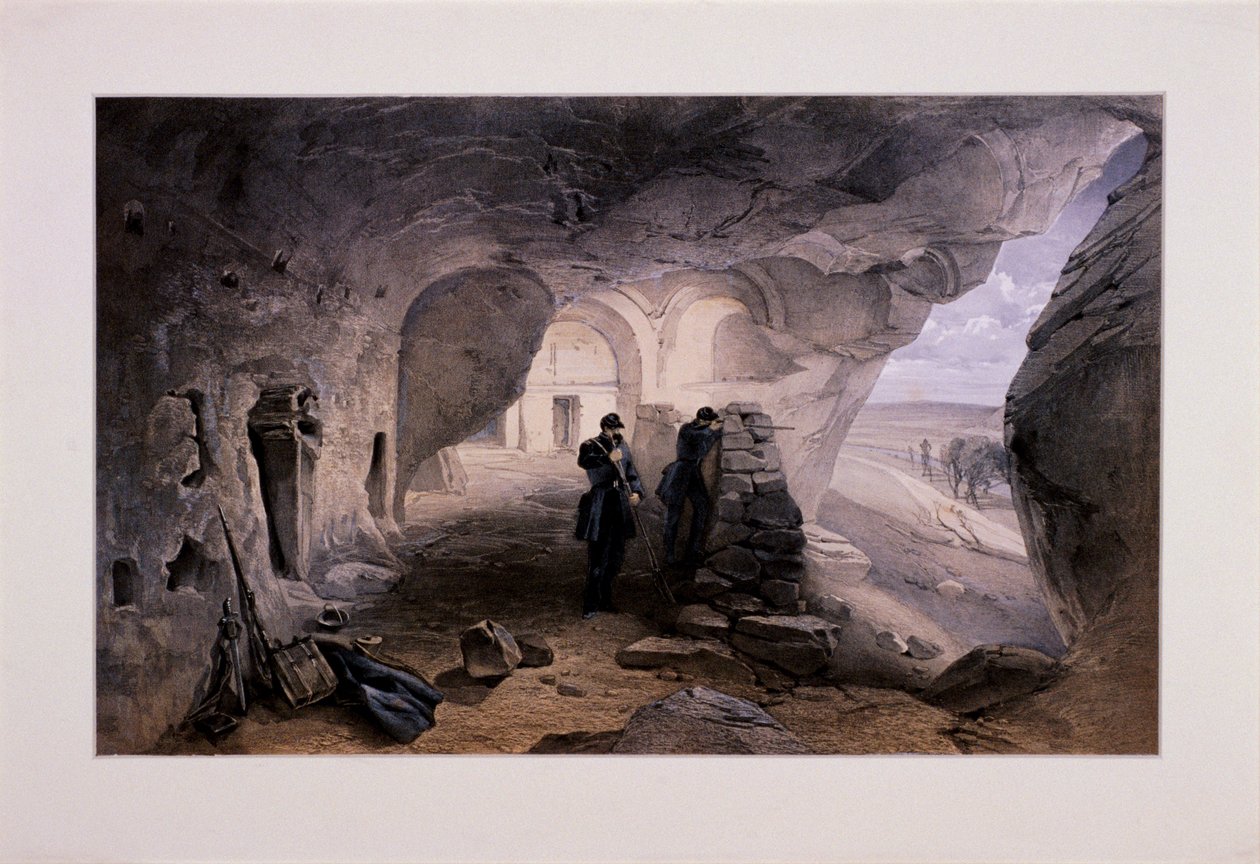 „Vykopaný kostel v jeskyních u Inkermanna při pohledu na západ“, Krym, Ukrajina, 1855 od Day and Son